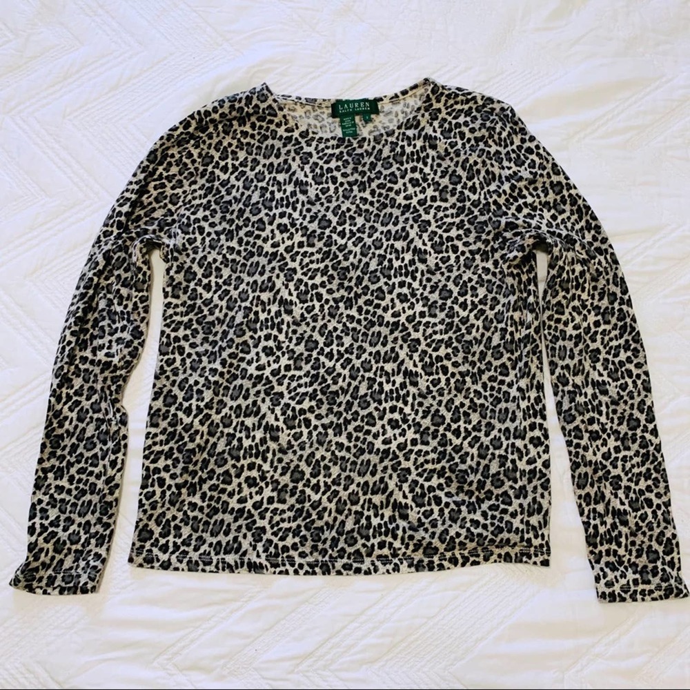 Ralph Lauren grey gray long sleeve leopard cheetah print tee t-shirt top Small